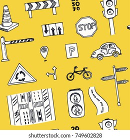 Hand drawn doodle navigation seamless pattern Vector illustration Symbol collection.