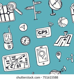 Hand drawn doodle navigation seamless pattern Vector illustration Symbol collection.