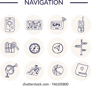 Hand drawn doodle navigation set. Vector illustration. Isolated elements on white background. Symbol collection.