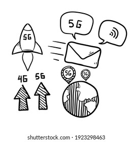concepto de doodle Network 5g dibujado a mano. Telecomunicaciones de quinta generación, velocidad de conexión rápida a internet y redes de baja latencia conjunto de ilustraciones vectoriales