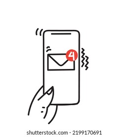 hand drawn doodle new message on smart phone illustration vector