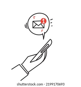 hand drawn doodle new message on smart phone illustration vector
