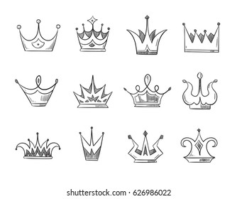 Hand drawn doodle nobility queens crowns vector. Set of line crowns, illustration of crown for prince or monarch