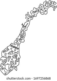 hand drawn doodle Norway map. Norwegian city names lettering and cartoon landmarks, tourist attractions cliparts. travel, trip comic infographic poster. bear, snow, mountains, oslo, fish