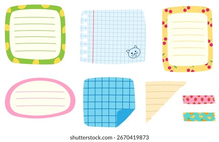 Dibujado a mano doodle nota conjunto de papel . Pegatinas forradas y cuadriculadas con marcos decorativos y colección de páginas rotas.
