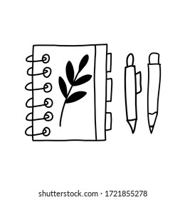 Hand drawn doodle notebook with floral element, pen and pencil icons. Elements isolated on white background. Vector stock illustration.