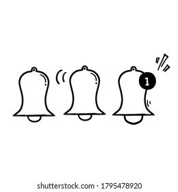 hand drawn doodle Notification bell icon. Alarm symbol. Incoming inbox message. Ringing bells. Alarm clock and smartphone application alert. Social media element.