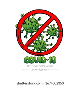 Hand drawn doodle Novel Coronavirus  icon. Vector illustration. Cartoon virus molecule. Sketch 2019-nCov symbol COVID-19 resposible for influenza outbreak isolated on white background