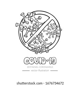 Hand drawn doodle Novel Coronavirus  icon. Vector illustration. Cartoon virus molecule. Sketch 2019-nCov symbol COVID-19 resposible for influenza outbreak isolated on white background