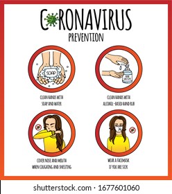 Hand drawn doodle Novel Coronavirus Prevention round icons. Vector illustration. Cartoon virus molecule. Sketch 2019-nCov symbol COVID-19 resposible for influenza outbreak isolated on white background