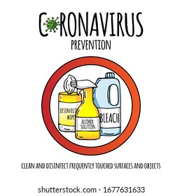 Hand drawn doodle Novel Coronavirus Prevention round icon. Vector illustration. Cartoon household disinfectants for killing coronavirus COVID-19. Sketch 2019-nCov resposible for influenza outbreak