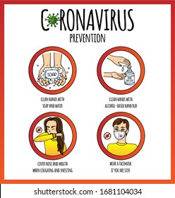 Hand drawn doodle Novel Coronavirus Prevention round icons. Vector illustration. Cartoon virus molecule. Sketch 2019-nCov symbol COVID-19 resposible for influenza outbreak isolated on white background