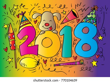Hand drawn doodle Number 2018 with cute dog.
