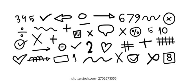 Hand Drawn Doodle Numbers and Math Symbols Vector Set, Educational, Sketch, Arithmetic Elements