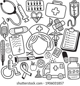 Hand drawn doodle nurse icon set vector illustration sketch nurses and medical stuffs. Hand drawing styles for medical and health care items. Medical hospital concept in cartoon design