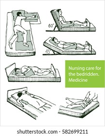 Hand drawn doodle Nursing care for the bedridden. Medicine. Health Clinic. Nurse. The man on the bed in the hospital. Care landscape