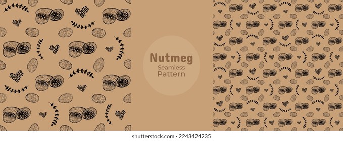 Hand drawn doodle nutmeg seamless pattern. Nutmeg spices, whole nuts and slices in endless texture