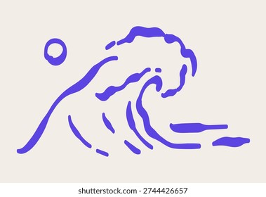 Hand drawn doodle ocean wave vector illustration. Tropical naive coastal element. Sun and sea waves in blue color isolated. Summer t-shirts, posters, and placard prints design. Surf emblem label decor