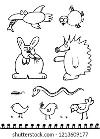 Hand drawn doodle odd animals isolated. Crazy glutton rabbit, funny sketch birds, crow with fish, strange sociable hedgehog and indifferent boa vector illustration