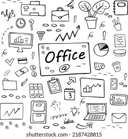 Hand drawn doodle office elements. Includes charts, stationery, gadgets, office equipment, arrows.