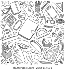 Hand drawn doodle office set. Stationery elements hand drawn vector set. Office supplies, school supplies and stationery
