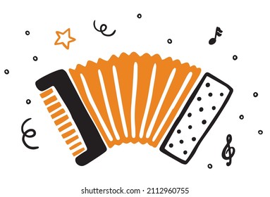 Hand drawn doodle Old Accordion icon isolated on a white background. Vector illustration musical instrument. Cartoon sound concept symbol element. Music Accordion logo design template.