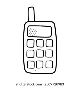 Mão desenhada doodle telefone celular velho com antena isolada no fundo branco. Ilustração vetorial.