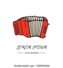 Hand drawn doodle Old red Accordion icon isolated on a white background. Vector illustration musical instrument. Cartoon sound concept symbol element. Music Accordion logo design template