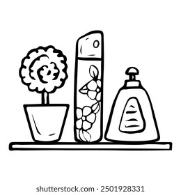 Hand drawn doodle on bathroom shelf with soap, air freshener and decorations. Shower and laundry room. Home interior design. Vector outline line art illustration.