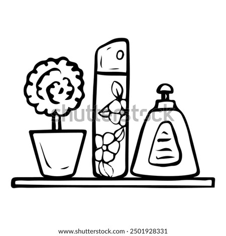 Hand drawn doodle on bathroom shelf with soap, air freshener and decorations. Shower and laundry room. Home interior design. Vector outline line art illustration.