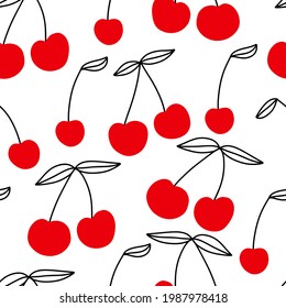 Doodle dibujado a mano de una línea modelo minimalista de cereza sin fisuras. Clíparte de estilo vectorial escandinavo. Ilustración de la nutrición alimentaria