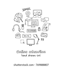Hand drawn doodle online education set. Vector illustration. Isolated elements on white background. Symbol collection.