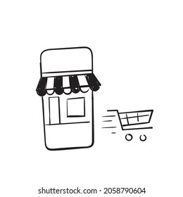 hand drawn doodle online store on mobile and shopping cart illustration