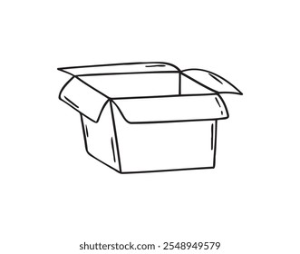 hand drawn doodle open empty cardboard box. Outline cardboard box isolated on a white background. Vector illustration. Vector illustration