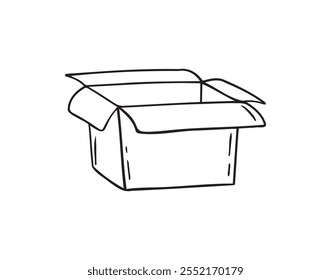 hand drawn doodle open empty cardboard box. Outline cardboard box isolated on a white background. Vector illustration. Vector illustration