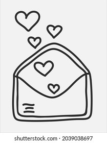 Handgezeichnete Doodle-offener Umschlag mit Herzen nur über Liebe oder für den Valentinstag