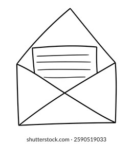 Hand drawn doodle open envelope with letter isolated on white background. Vector illustration.