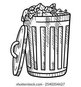 Hand drawn doodle open iron trash can isolated on white background. Vector illustration.