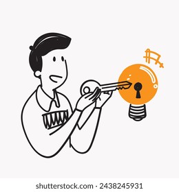 dibujado a mano doodle bombilla de luz abierta con el símbolo de la llave para la ilustración de la idea de la llave vector