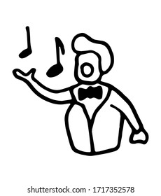 Hand drawn doodle opera singer, man singing wearing black and white tuxedo, stick figure.
Simple element with thick black stroke. Vector illustration isolated on white background.