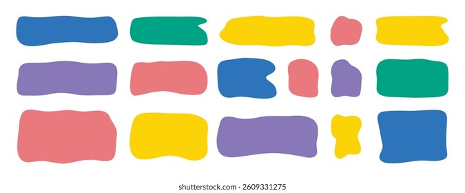 Hand drawn doodle organic colorful rectangle frame set. Abstract liquid shapes. freehand flat blobs. Irregular empty text box. Vector illustration
