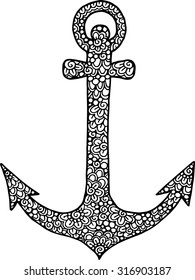 Hand drawn doodle ornate anchor illustration decorated with abstract ornaments