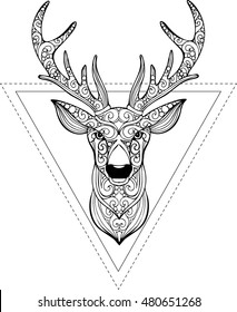 Hand drawn doodle ornate deer illustration. Decorative deer head drawing for coloring book