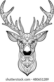 Hand drawn doodle ornate deer illustration. Decorative deer head drawing for coloring book