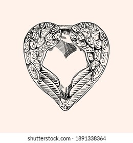 Hand drawn doodle ornate heart with wings illustration. Valentines day stylish monochrome heart drawing