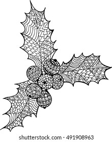 Hand drawn doodle ornate holly drawing. Christmas outline omela illustration