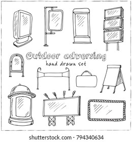 Hand drawn doodle outdoor adversing set. Vector illustration. Isolated elements on white background. Symbol collection.
