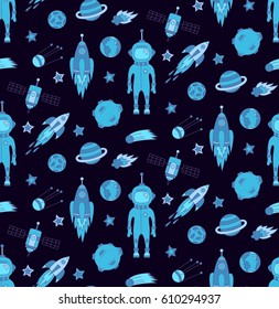Hand drawn doodle outer space drawings blue colorful cosmos planets astronaut comet seamless vector pattern background endless print