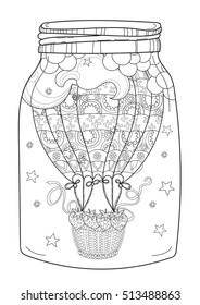 Hand drawn doodle outline air balloon in flight decorated with floral ornaments in magic jar.Vector zen art illustration.Sketch for tattoo, poster, children or adult coloring relax pages.Boho style.