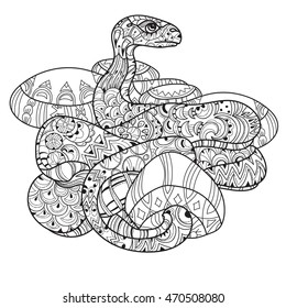 Hand drawn doodle outline anaconda decorated with ornaments.Vector zen art boho illustration.Floral ornament.Ready for adult anti stress coloring book.